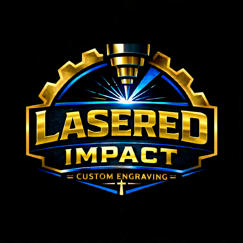 Gold logo for Lasered Impact Custom Engraving featuring a laser beam, gear, and cross.
