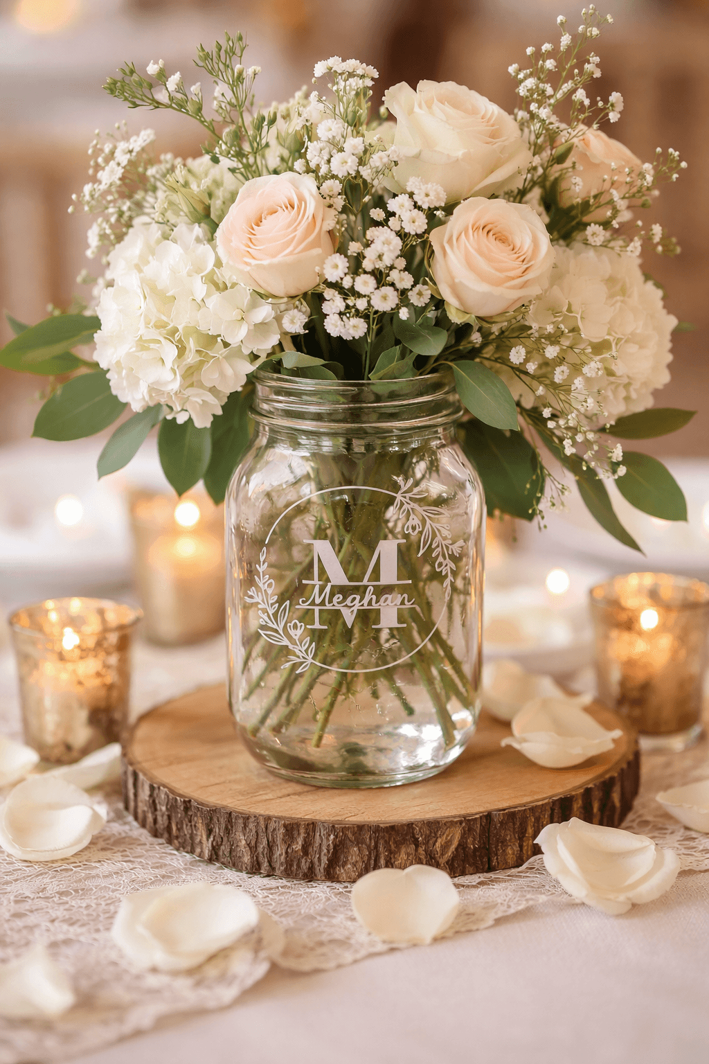 Personalized mason jar vase with pink roses and white flowers on a rustic wooden slice.